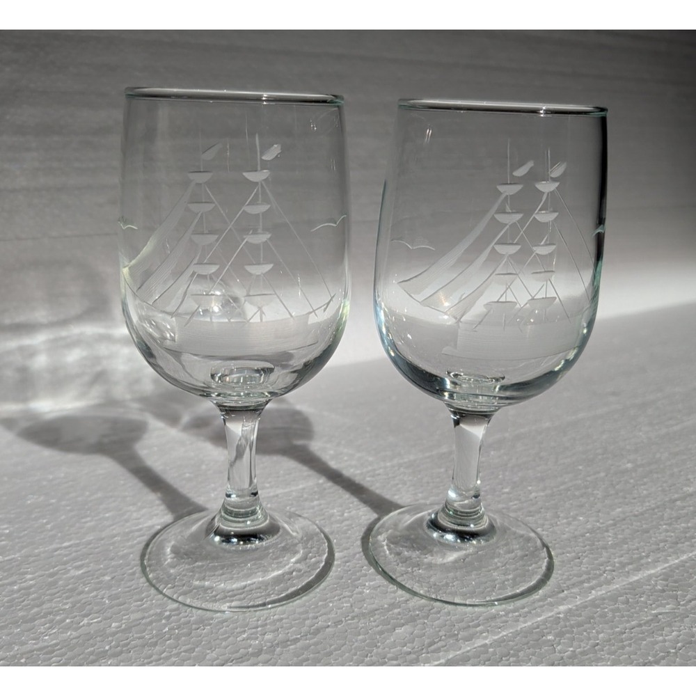 Javit Clipper Collection Etched Glass Sail Ship Wine Glass 10 oz VTG 6.5" Pair